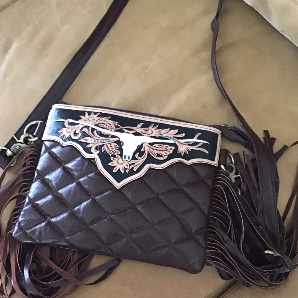 Brown Quilted Crossbody Bag with Fringe